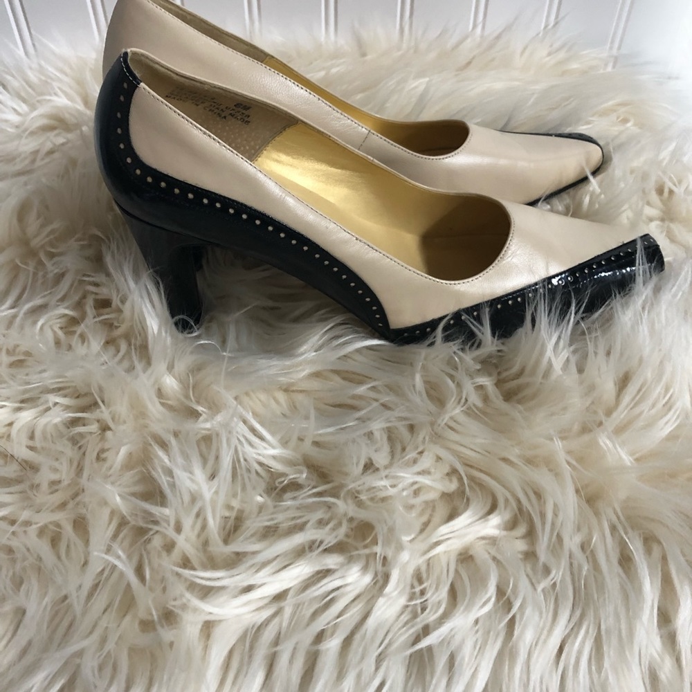 Bellini Two-Tone Ivory and Black Pointed Toe Heels